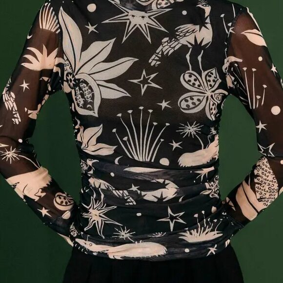 NWT Farm Rio Black & White Cerrado Sky Tulle Blouse - XS - Picture 2 of 5